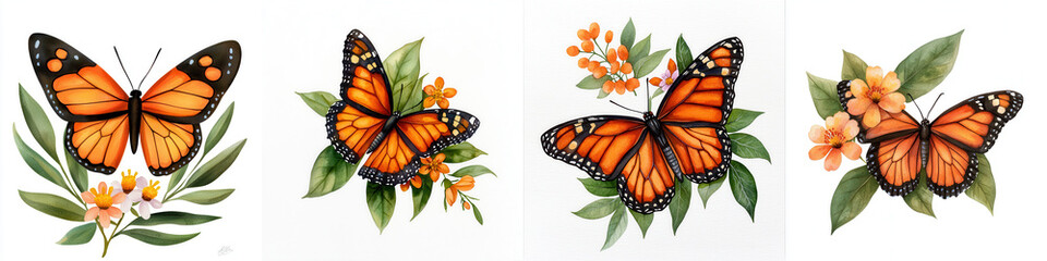 Fototapeta premium Beautiful Monarch Butterflies Surrounded by Floral Elements