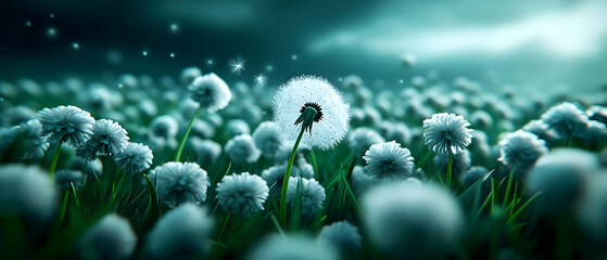 A serene field of dandelions glows under soft light, creating a peaceful and enchanting atmosphere.