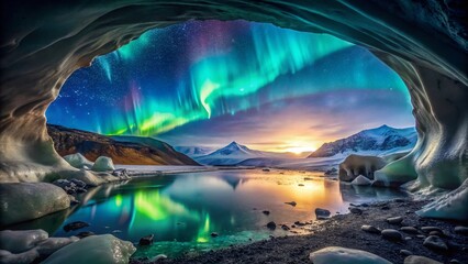 Icy Cave Aurora Borealis: Stunning Winter Landscape Stock Photo