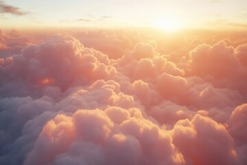 ethereal cloudscape with dramatic crepuscular rays, golden hour light streaming through towering cumulus clouds, atmospheric perspective