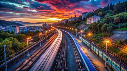 Illuminated Train in Motion Blur at Dusk, Sochi, Russia - Aerial View