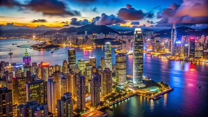 Obraz premium Hong Kong Night Hyperlapse: Victoria Harbour Drone Aerial View - 4K UHD Bokeh