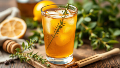 a detailed shot of a glass of iced tea with thyme and honey