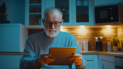 senior man using tablet in cozy kitchen, illuminated by soft light, enjoying his time.