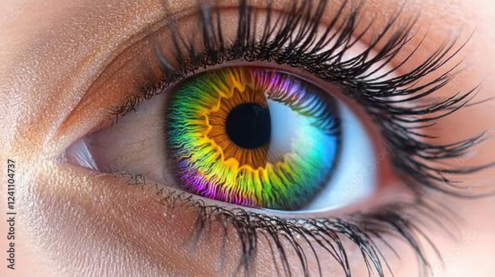 Poster a mesmerizing close-up of an eye showcases a kaleidoscope of colors radiating from the iris, creatin
