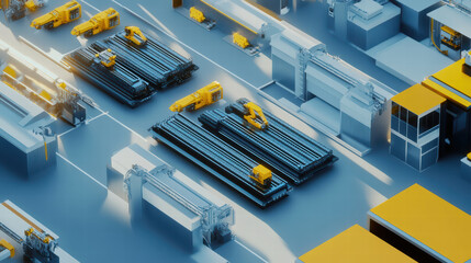 Aerial view of modern robotic assembly line in manufacturing facility, showcasing automated machinery and equipment for efficient production