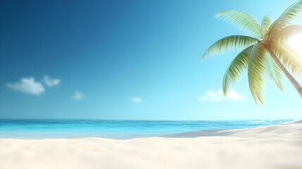 Fototapeta premium A serene tropical beach scene with a palm tree, turquoise water, and a clear blue sky, perfect for relaxation.