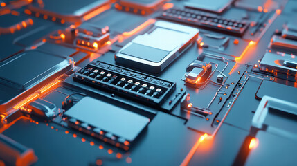 Fototapeta premium Futuristic circuit board with glowing elements and electronic components
