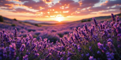 Fototapeta premium Serene Sunset over a Lavender Field Peaceful Nature Scene at Golden Hour