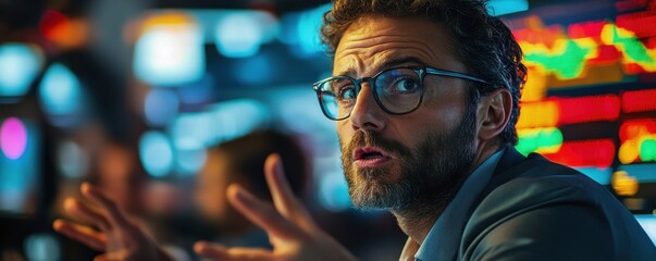 Concerned trader analyzing stock market data amidst a vibrant trading floor