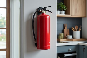 Obraz premium Red Fire Extinguisher Mounted on Wall in Modern Kitchen Safety