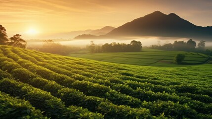 Naklejka premium Sunrise illuminating lush green tea plantation in rolling hills with fog