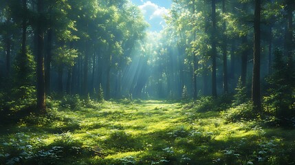 Obraz premium Sunbeams illuminate forest path, lush green undergrowth, peaceful background, nature scene