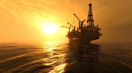 Obraz premium Aerial Perspective of a Massive Offshore Oil Drilling Platform Fully with Cranes and Equipment Bathed in the Golden Glow of the Sun Reflecting off the Ocean Waves