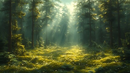 Sunbeams Illuminate Misty Forest Path