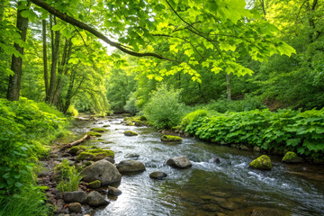 Obraz premium A small forest stream with vibrant green foliage