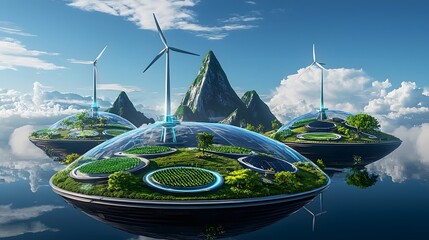 Aerial view of a conceptual floating smart city with self sufficient hydroponic farms wind energy stations and bio inspired design for a sustainable eco friendly urban future