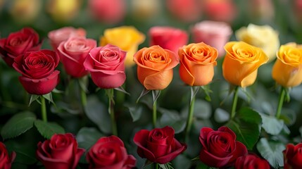 Obraz premium Colorful roses arranged in gradient from deep red to yellow, with orange and pink transitions, creating rainbow effect against dark green foliage background.