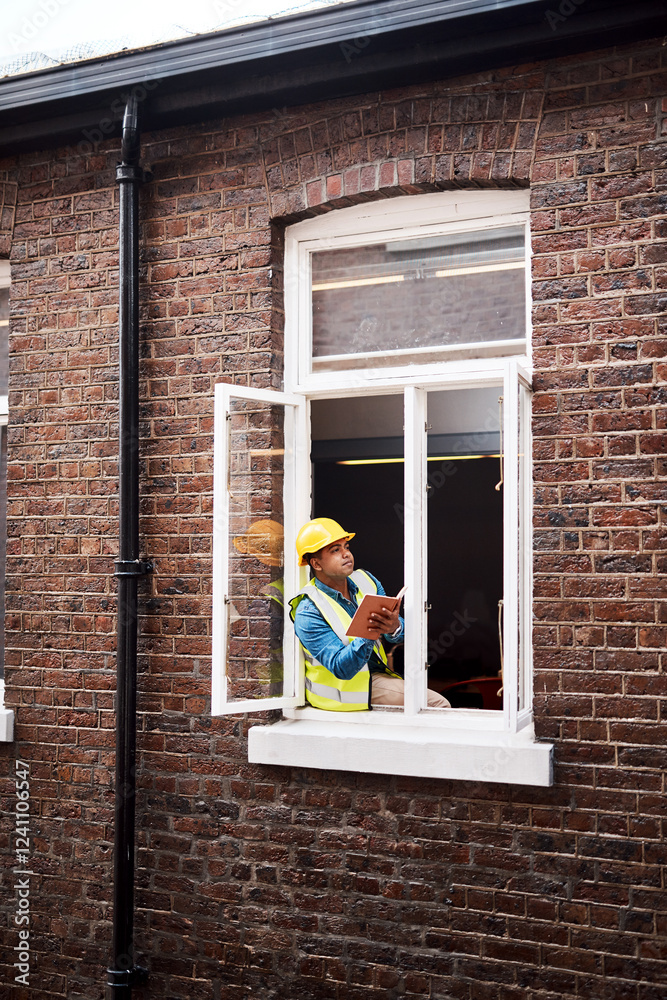 Poster man, engineer and writing in book by window of inspection notes, maintenance and schedule. thinking,