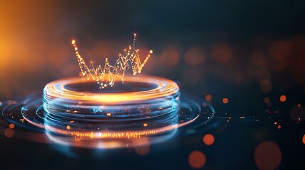 Glowing futuristic portal with light crown splash effect against dark background with bokeh lights, creating magical sci-fi atmosphere.