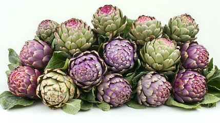 Obraz premium Fresh artichokes in various shades of purple and green arranged in row with leaves, showing natural organic produce for healthy Mediterranean cuisine.
