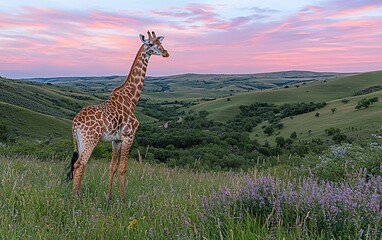 Obraz premium Giraffe at sunset, overlooking valley, wildflowers