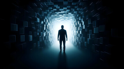 A silhouette of a person standing at the end of a tunnel, symbolizing exploration and the journey towards light.