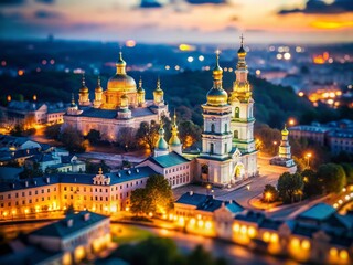 Kiev Pechersk Lavra Night Aerial Tilt-Shift - Ukraine Cityscape