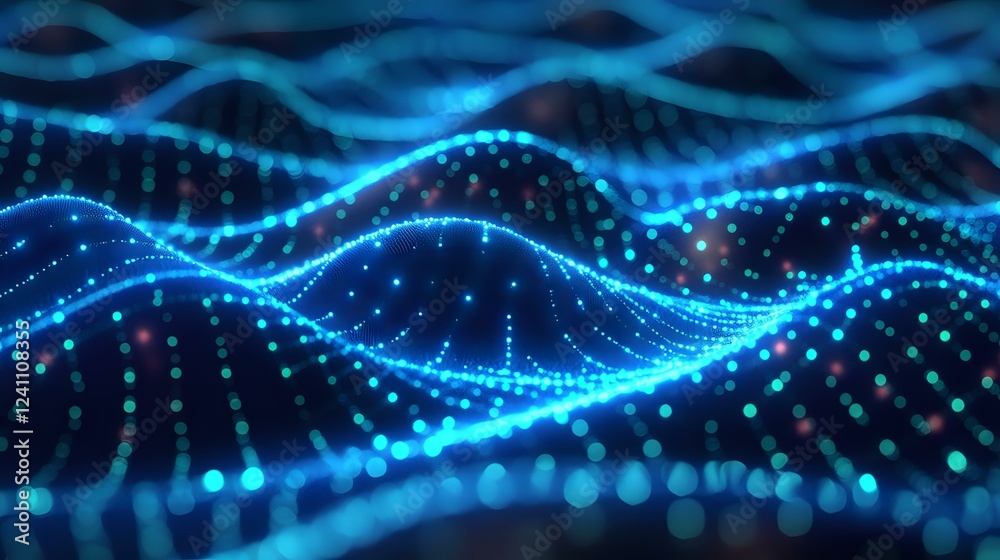 Aufkleber abstract blue glowing waves and particles flowing in dark space, digital technology background with 