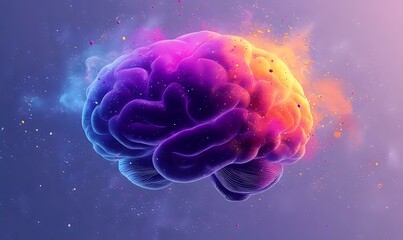 Glowing multicolored brain with vibrant purple, pink, and orange hues floating in cosmic space, surrounded by luminous particles and ethereal smoke effects.