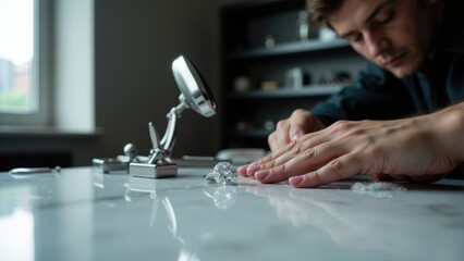 A jeweler polishing a sparkling diamond ring under a magnifying glass, working in a pristine, well-organized studio