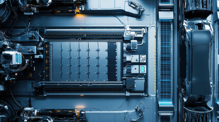 Aerial view of robotic assembly line for electric car batteries, showcasing advanced technology and automation in modern manufacturing environment
