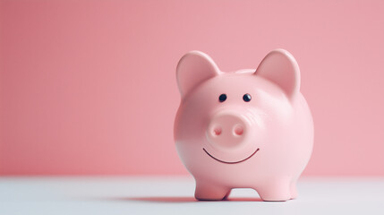 cheerful pink piggy bank on soft pink background symbolizes savings and financial planning.