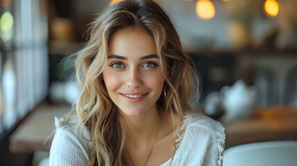 Obraz premium Young Caucasian woman with blonde wavy hair and natural makeup smiling warmly at camera while sitting in cozy cafe with bokeh lights in background.