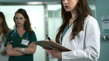 Obraz premium Female Doctor with Long Brown Hair in White Scrubs Holding Clipboard in Emergency Room with Shocked Medical Staff