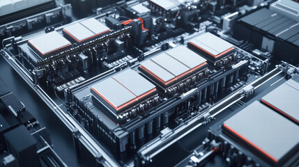 Obraz premium Aerial view of modern electronic circuit board with integrated circuits, showcasing advanced technology and intricate design. image conveys sense of innovation and precision