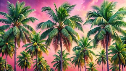 Light Pink & Green Palm Tree Painting, Ultrafine Detail, Tight Crop, AI Art, Patterned Background