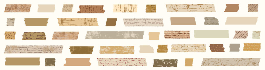Vintage distressed washi tape, vector adhesive paper strips with hand drawn unreadable text, digital masking tape pieces with torn edges