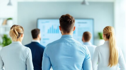 Fototapeta premium Taxes and government advice, A group of professionals attentively watches a presentation, focusing on data analysis displayed on a screen in a modern office setting.