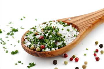 Mixture of sea salt and spices in wooden spoon isolated on white background