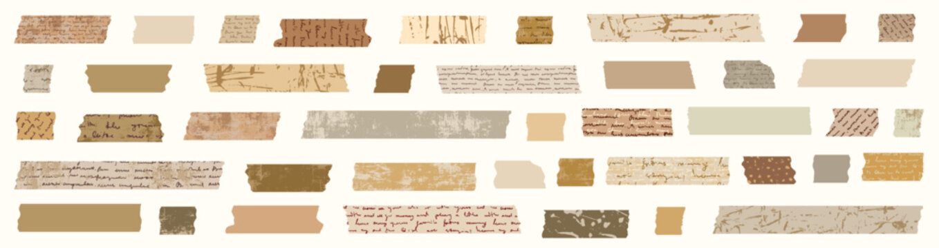 Vintage distressed washi tape, vector adhesive paper strips with hand drawn unreadable text, digital masking tape pieces with torn edges