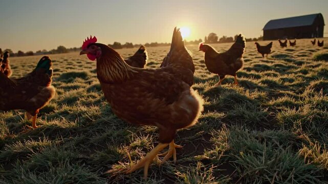 Chickens foraging in the early morning light on a frosty pasture