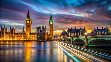Naklejka premium London Night Skyline: Big Ben, Illuminated Landmarks & Digital Shields