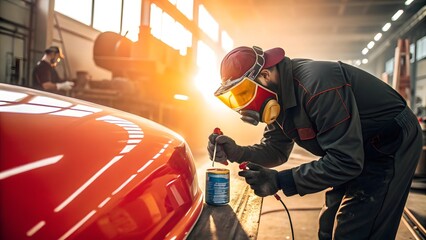 Automotive Painter in Workshop Spraying Red Car Professional Detailing Industrial Setting