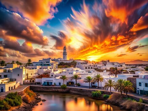 Lanzarote Sunset: Rotating White Town Double Exposure