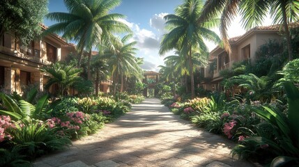 Fototapeta premium Sunlit Pathway Through Tropical Island Village