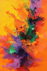 Abstract Colorful Swirls of Paint on Orange Canvas