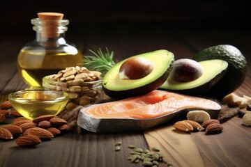 Healthy Fat Sources on Wooden Background: Avocado, Almonds, Fish - Delicious Diet Concept for Lowering Cholesterol (3:2)
