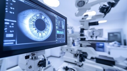 Advanced ophthalmology equipment with a close-up digital scan of an eye displayed on a screen in a medical lab.
