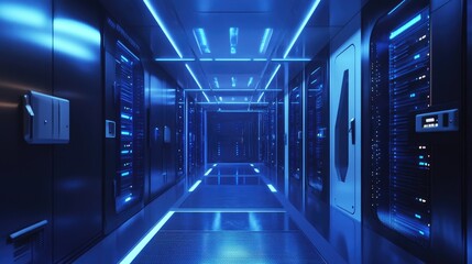 Fototapeta premium Futuristic server corridor with glowing blue lights, showcasing advanced data processing systems, high-tech infrastructure, and modern network technology